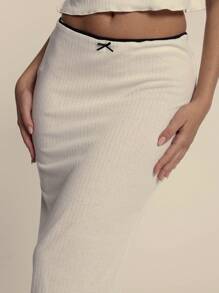 MUSERA Soft Ribbed Contrast Trim Bow Detail Maxi Skirt Only  Summer Cute New Year  Party - White - View 5