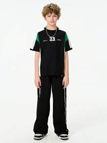 Tween Boy' Solid Color Patchwork Round Neck Short Sleeve Numeric Print T-Shirt