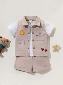 SHEIN Vintaside Kids Bộ 2 món/Bộ đồ đi săn dễ thương cho bé trai, áo vest ve áo in hình sư tử và quần short, thích hợp cho hoạt động ngoài trời mùa xuân/hè, du lịch, tiệc sinh nhật, đa năng và đáng yêu - Màu Khaki - Xem 7