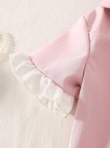 SHEIN Young Girl 2Pcs Set Woven Fabric Crinkle Pink Cardigan With White Ruffle Collar, And White Button Front, Casual Elegant, Long Sleeve & Pants Loungewear Set