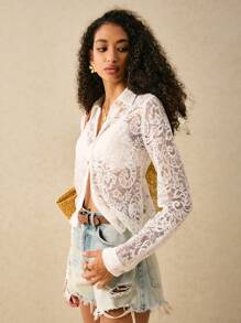 Poéselle Blusa de encaje de manga larga de moda sencilla casual para mujer, atuendos casuales para vacaciones, vacaciones de primavera, estilo bohemio, vacaciones, atuendos de playa para mujer, atuendos de verano para mujer, blusas de salida para mujer
