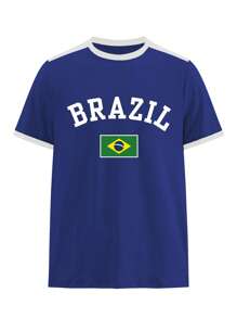 Manfinity Dauomo Brazil Letter & National Flag Print Stitching Round Neck T-Shirt For Men
