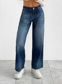 EURMUSE Petite Low Waist Wash Detailed Wideleg Jean - Medium Wash - View 4