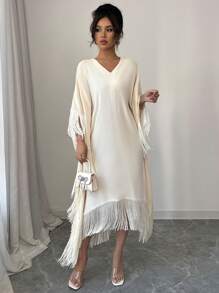 Elenzga Đầm midi tua rua tua rua màu trơn cổ chữ V cho nữ tay cánh dơi - Màu be - Xem 7