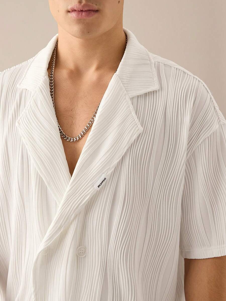 Manfinity VCAY Men's Knitted Casual Loose Textured Suit Jacket & Drawstring Waist Straight Leg Shorts 2 Pieces Set - White - View 1