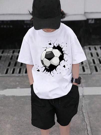 SHEIN Camiseta básica de manga corta con efecto rasgado y gráfico de fútbol para niño preadolescente, moda urbana (hermano/a a juego)