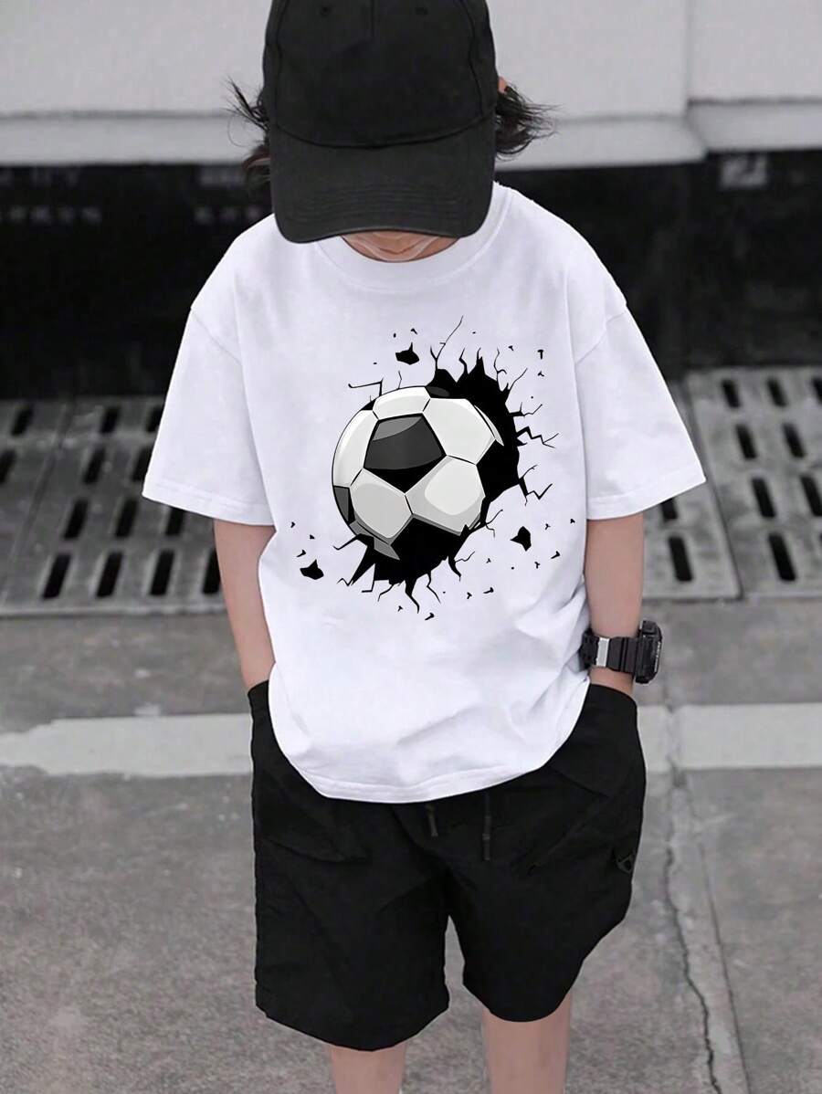 SHEIN Tween Boy Casual Creative Football Graphic Ripped Design Short Sleeve T-Shirt, Sibling Matching Summer Holiday - White - View 1