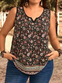 EMERY ROSE Plus Size Vacation Casual Ditsy Floral Notched Tank Top Summer Concert Women West Country