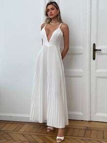 Aloruh Elegante vestido largo de color blanco sólido, sin mangas, de escote en V profundo y espalda descubierta con tirantes tipo espagueti, estilizante - Blanco - Ver 6