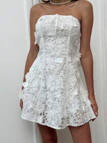 Aloruh فستان زفاف قصير بتصميم خط A مع كشكشة الكتف واللانس القابل للذوبان في الماء وتصميم الفيونكة - أبيض - مشاهدة 1