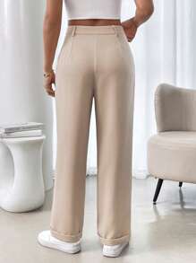 RosyDaze Pantalon de tailleur pour femmes décontracté, de couleur unie, sans stretch, avec ourlet plissé et poches