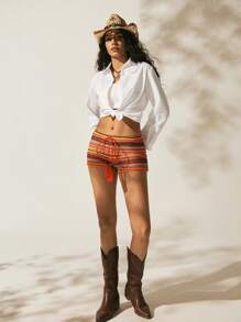 Easelle 女式海滩牛仔女式简约前系带橙色条纹针织短裤 2025 年夏季 Boohoo 音乐节 - 橘色 - 查看 3