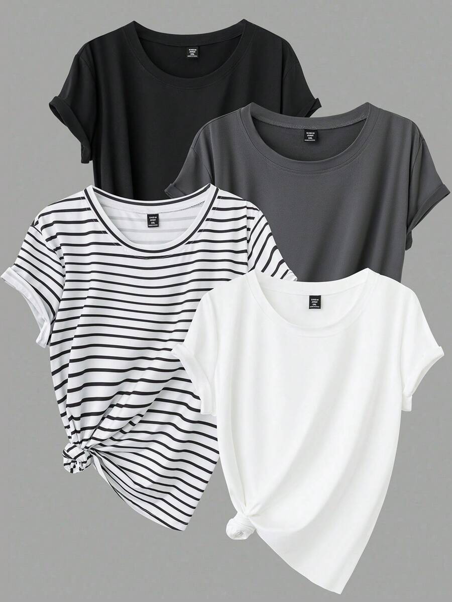 Calvaya Plus Size Casual Versatile Simple Round Neck Short Sleeve T-Shirt - Multicolor - View 1