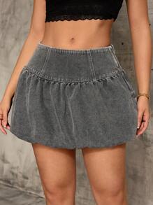 SHEIN SXY Grey Women's Denim Ruched Waist Casual Chic Versatile Mini Skirt, Summer New Arrival