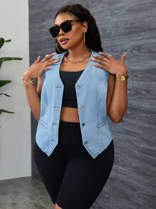 SHEIN SXY Plus Size Front Button Sleeveless Pocket Design Casual Denim Jacket - Blue - View 4
