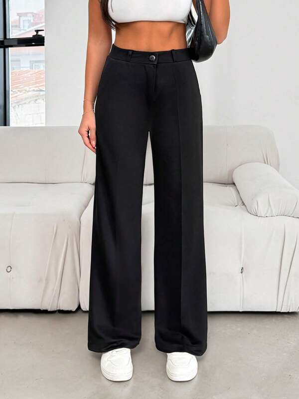 Damen einfarbige Lässig Hose mit Knopfverschluss und Taschen, Alltagskleidung