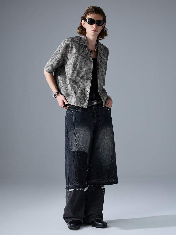 Men's Front Button Short Sleeve Printed Casual Street Fashion Woven Shirt