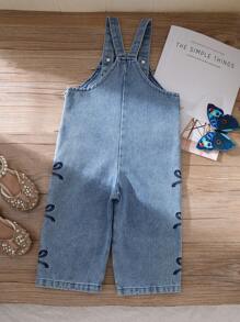 SHEIN Vintaside Kids 女婴休闲百搭刺绣蝴蝶结蓝色牛仔宽腿工装裤 - 彩色 - 查看 2