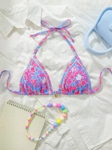 Swim Mod Women's Random Floral Print Spaghetti Strap Metal Decoration Beach Holiday Bikini Top, Summer, Vacation, Spring Break - Multicolor - View 1