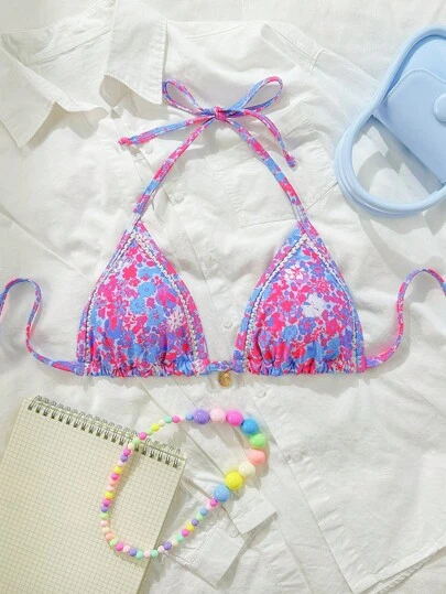 Swim Mod Women's Random Floral Print Spaghetti Strap Metal Decoration Beach Holiday Bikini Top, Summer, Vacation, Spring Break