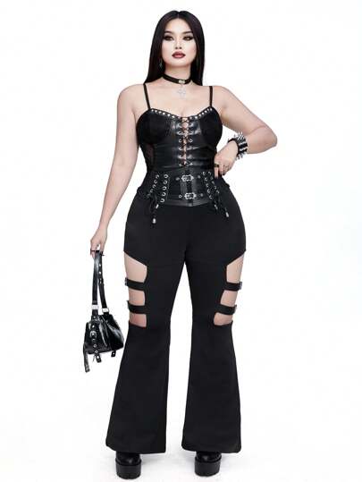 Flirla 大码女式黑色休闲紧身性感镂空索环系带喇叭裤