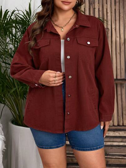 SHEIN LUNE 大码前扣长袖口袋休闲牛仔夹克