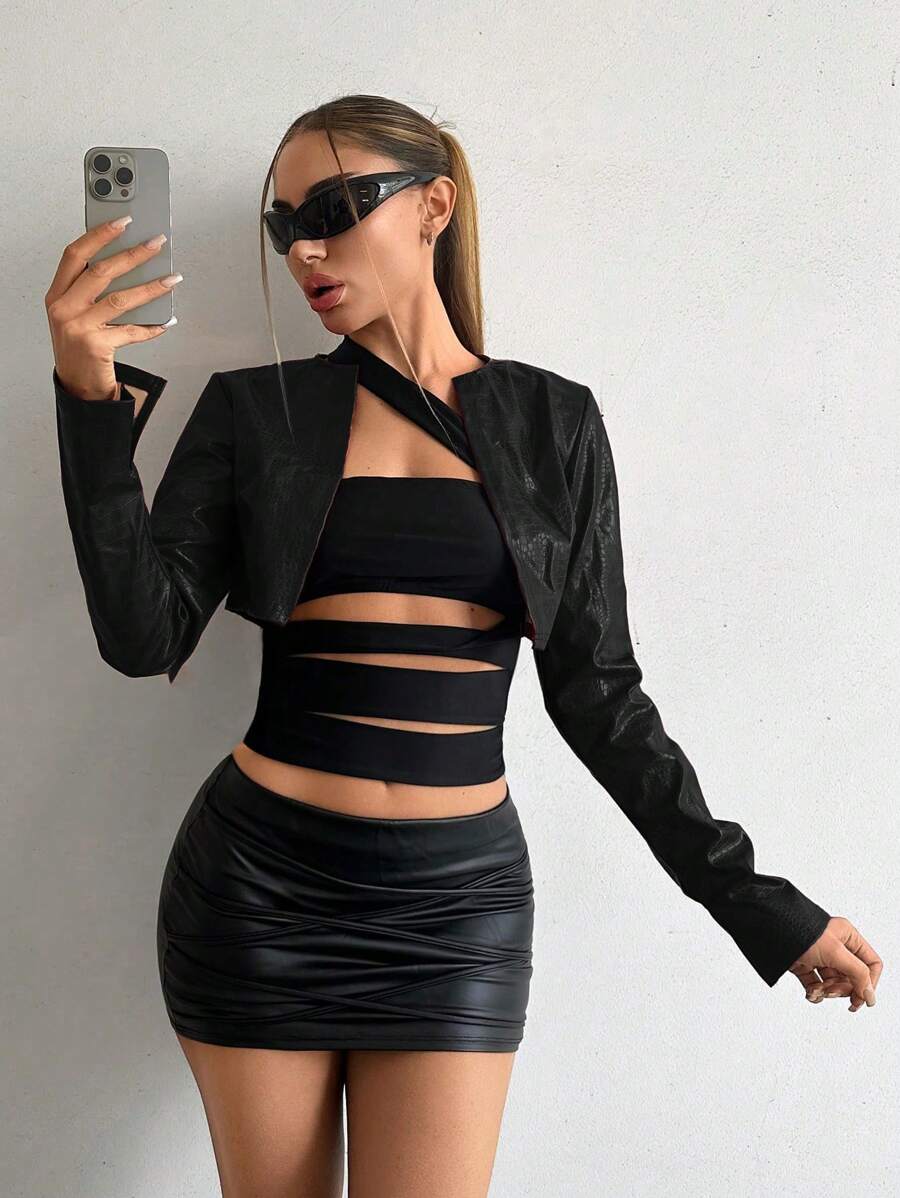 EgrlEra Women's Anchora Red Animal Pattern Leather Print Long Sleeve Short Jacket Fall Winter Cloth For Women - Black - View 1