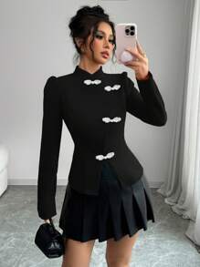 Chiquease 女装中国新年圆盘纽扣旗袍领优雅约会圣诞节情人节度假演唱会复活节约会商务休闲春季舒适长袖里料松紧腰不对称原创黑白上衣 - 黑色 - 查看 3