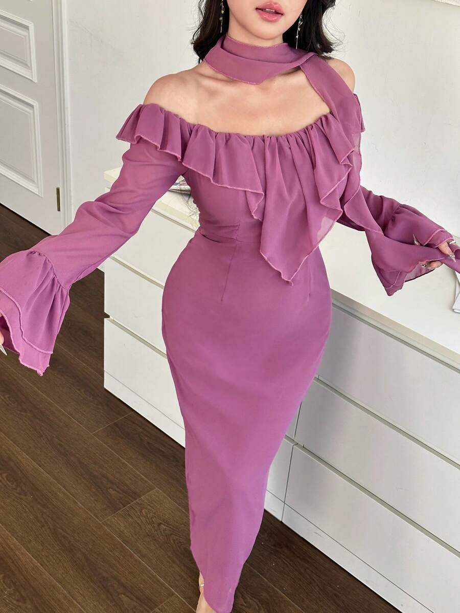 Modelyn Women Ruffle Trim Fitted Chiffon Dress - Purple - View 1