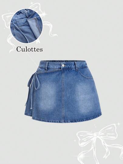 SHEIN MOD Plus Size Blue Denim Shorts With Skort Overlay, Casual Fitted Summer Vacations Woman 90s Clothes Springs For Women Y2k Clothes Cowgirls For Women Rave Spring Breaks Going Outs Streetwear 2000s Style Old Money Style Ibiza Fits Raves Country Concert Festivals For Women Concert Women Easter Women