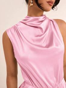 SHEIN BAE Women's Satin Smooth Jumpsuit Asymmetrical Collar Ruffle Trim Jumpsuit - Baby Pink - View 7