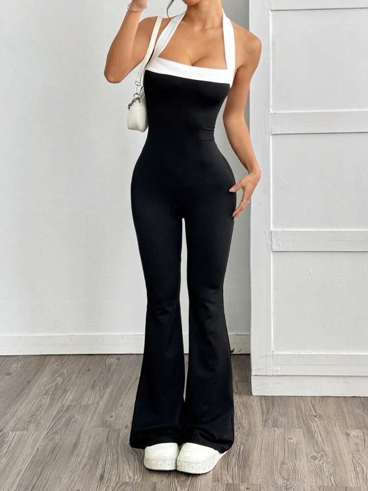 SHEIN EZwear Women Plain Color Patchwork Simple Fitted Jumpsuit, Casual Daily Wear