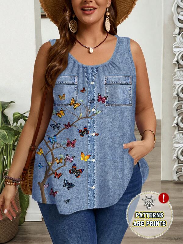 EMERY ROSE Denim Effect Butterfly Print Plus Size Loose Fit Ruched Wide Strap Tank Top, Suitable For Spring And Summer