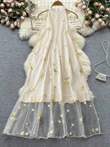 DreamSkyne Plus Size Women Floral Embroidered Halter Neck Dress, Elegant Beach Summer Dress