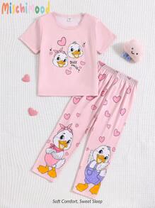 2pcs Young Girl Cute Duck Pattern Casual Comfortable Short Sleeve T-Shirt And Pants Homewear Set Girl Clothes For Kids Set Pj Sets For Kids Girl Clothes For Kids Young Girls Sets Sets For Girls Kids Kids Clothes Sets Spring Summer Clothes