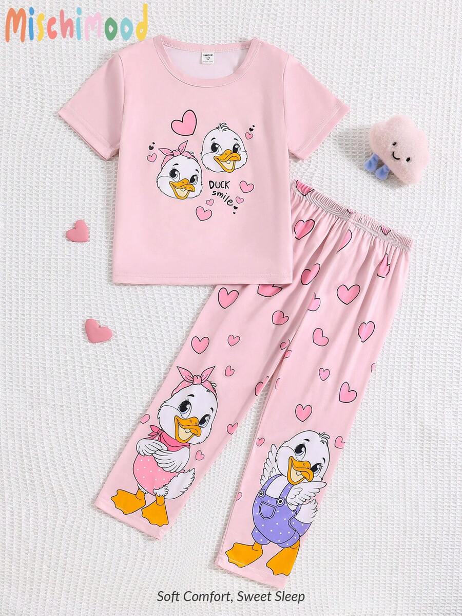 2pcs Young Girl Cute Duck Pattern Casual Comfortable Short Sleeve T-Shirt And Pants Homewear Set Girl Clothes For Kids Set Pj Sets For Kids Girl Clothes For Kids Young Girls Sets Sets For Girls Kids Kids Clothes Sets Spring Summer Clothes