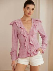 Aveloria Rosie French Elegant Ruffle V-Neck Bishop Sleeve Loose Textured Blouse For Women, Pink Long Sleeve Style Fall Cloth For Women