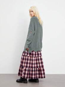 SHEIN Unity 女士纯色圆领长袖镂空极简休闲套头毛衣针织衫秋冬毛衣 - 深灰色 - 查看 2