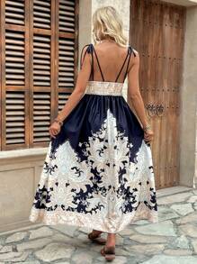 Chiquease Women's Vacation Beach Deep V Halter Tie Neck Backless Retro Print Dress