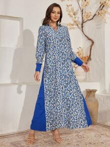 Al Najma Women's Casual Floral Splice Contrast Color Loose Fit V-Neck Long Dress