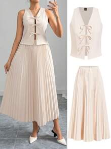 Ellevyn Women's Elegant Bowknot Tank Top & Pleated A-Line Skirt, 2 Pieces Outfit Suitable For Commute & Going Out, Spring/Summer Summer Clothes Women Skirt Set Spring Outfits For Women Two Pieces Set Women Concert Outfit Women Office Outfits For Women Wedding Guest Dress Women - Apricot - View 4
