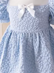 SHEIN Leap Crew Young Girl Jacquard Puff Sleeve Fitted Elegant Dress Young Girl Dresses Young Girls Clothing Easter Dress Young Girl Birthday Dress Young Girl Spring Dress,Spring And Summer Suits - Blue - View 6