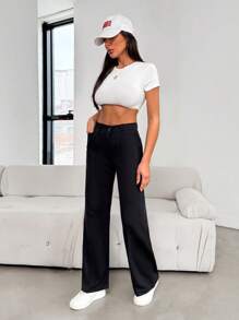 EURMUSE 女士纯色前扣口袋休闲裤，日常穿着