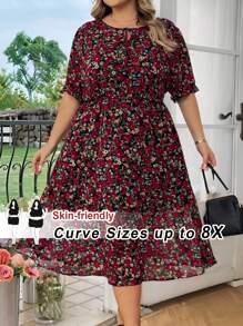 SHEIN CURVE+ Large Print Tie Collar And Waistband Summer Dress, Vacation Dress Boho Vacation