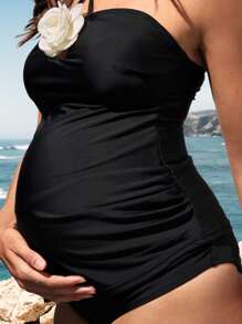SHEIN Baju Renang Tankini Bertali Tipis dengan Motif Bunga untuk Ibu Hamil, Cocok untuk Liburan Musim Panas di Pantai - Hitam dan Putih - View 6