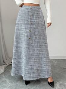 Modelyn Women's Elegant Woven Tweed Button A-Line Skirt