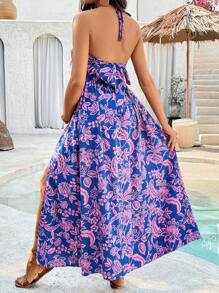 SHEIN Maternity Holiday Casual Floral Allover Print Twist Cut Out Open Back Dress