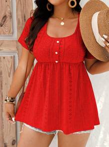 EMERY ROSE Plus Size Solid Color Hollow Out Embroidery T-Shirt, Casual Holiday Wear - Red - View 6