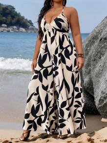 SHEIN CURVE+ Plus Size Green Leaf Print Halter Neck Tied Jumpsuit, Beach Resort Casual Boho Vacation