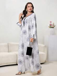 Al Najma Vestido largo maxi de mujer con cuello redondo, lazo y estampado floral elegante y romántico, vestido abaya modesto